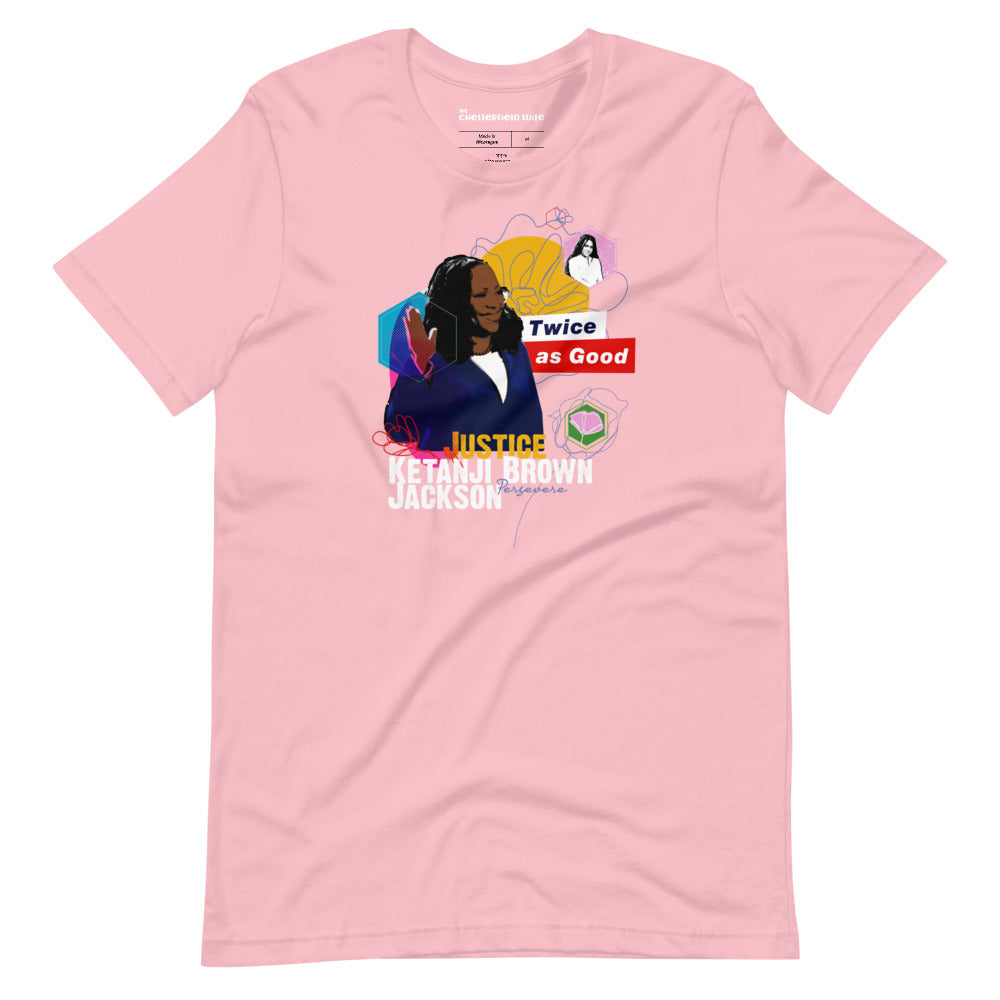 pink unisex t-shirt with design of justice ketanji brown jackson, her daughter and the phrase "twice as good"