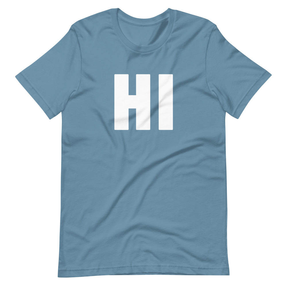 the word HI on light blue unisex tshirt