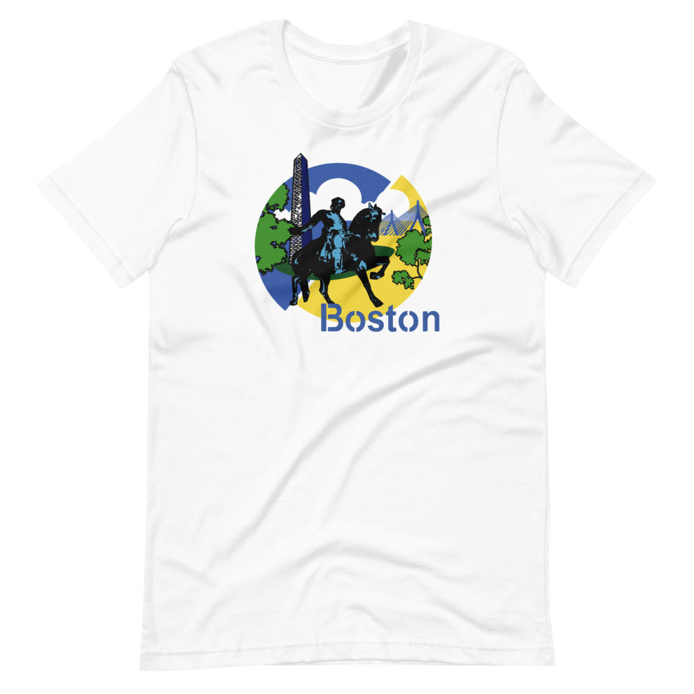 design with paul revere statue, bunker hill monument, zakim bridge boston on white unisex tshirt