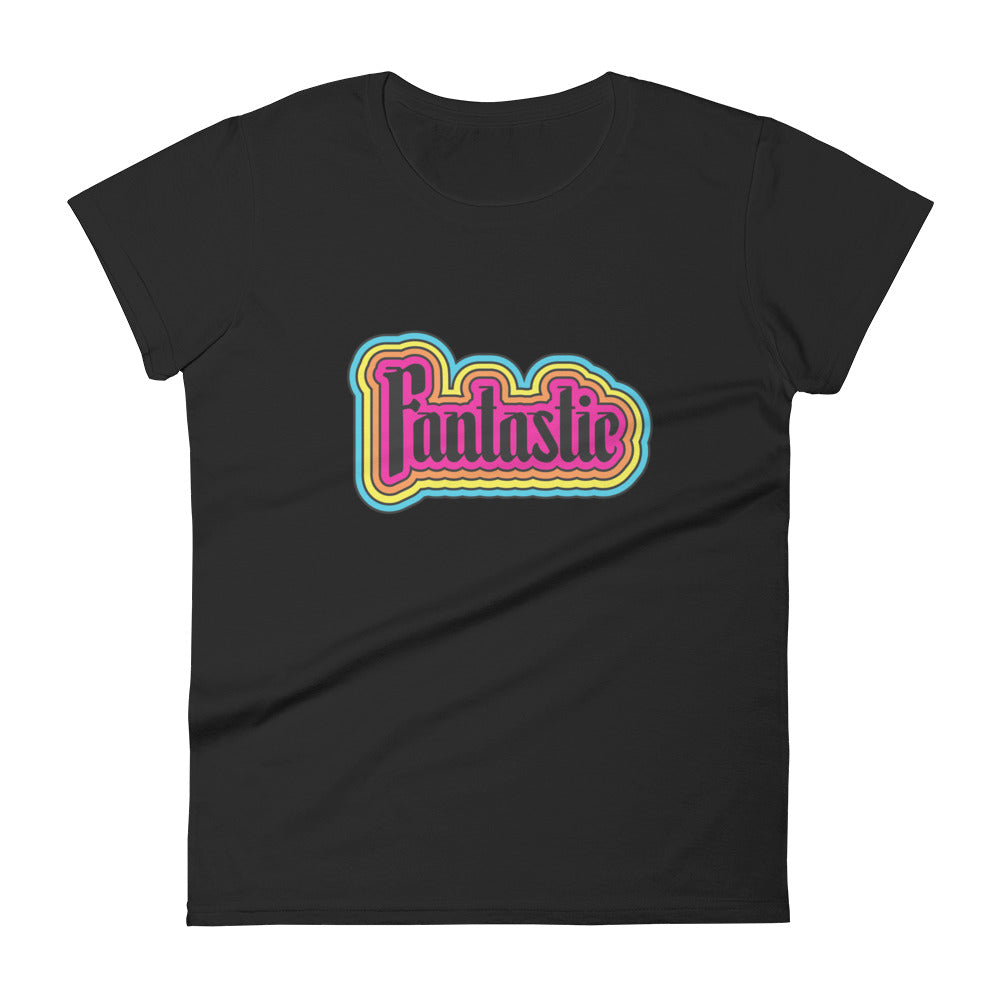 the word fantastic in a rainbow design positivity on black t-shirt