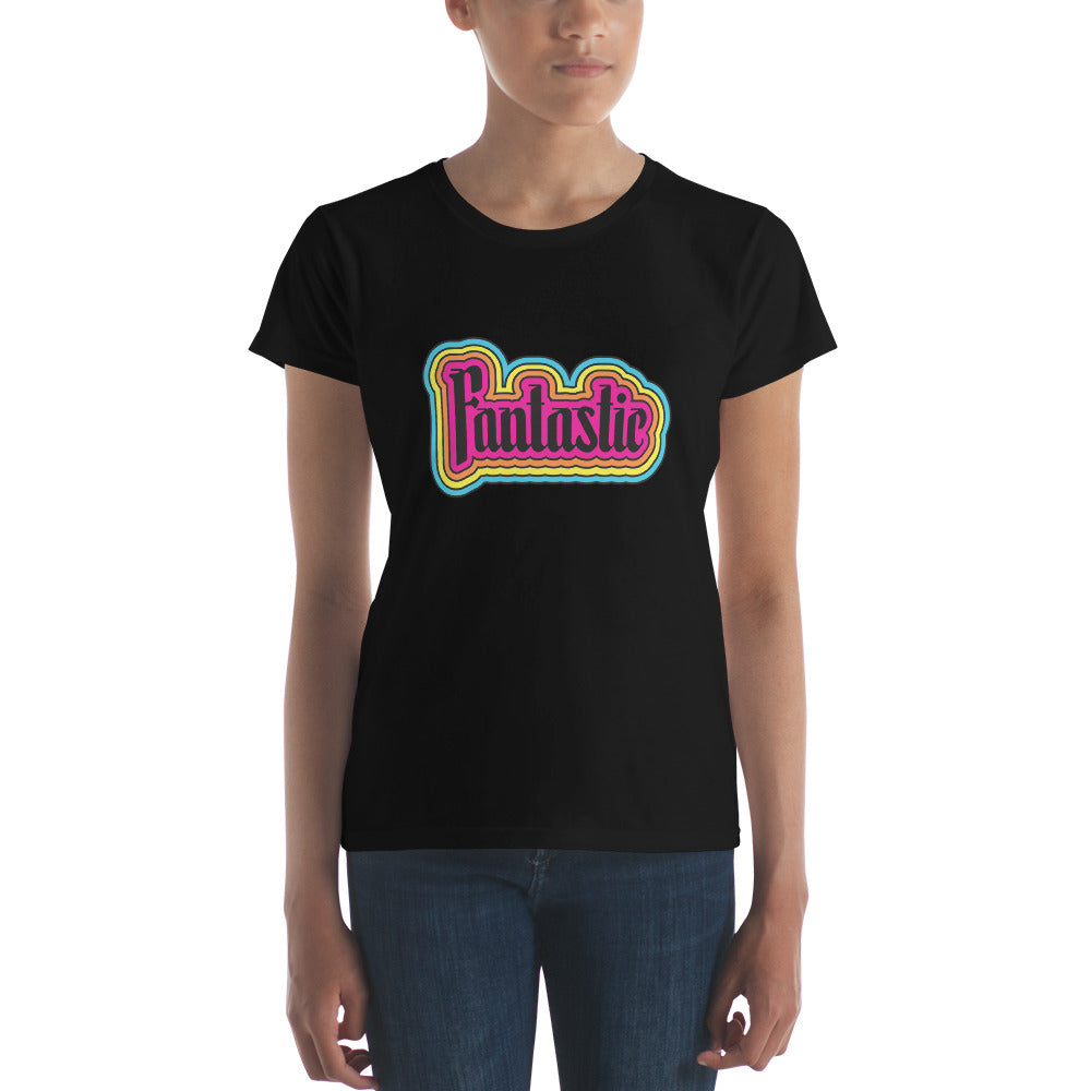 the word fantastic in a rainbow design positivity on black t-shirt worn by woman