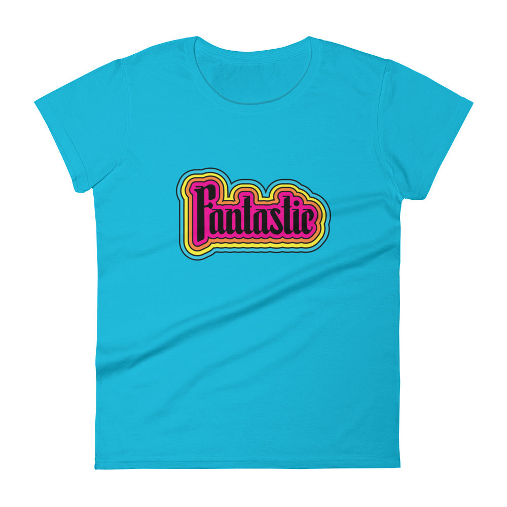the word fantastic in a rainbow design positivity on turquoise t-shirt
