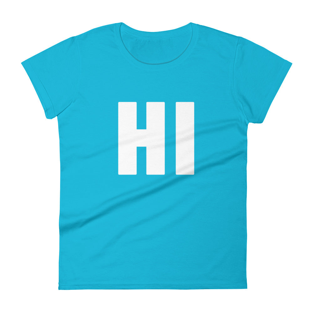the word HI in white on a turquoise women's t-shirt
