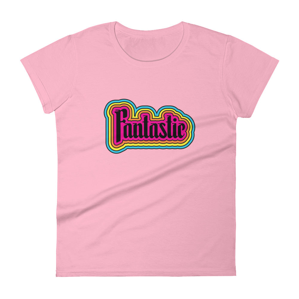 the word fantastic in a rainbow design positivity on pink t-shirt