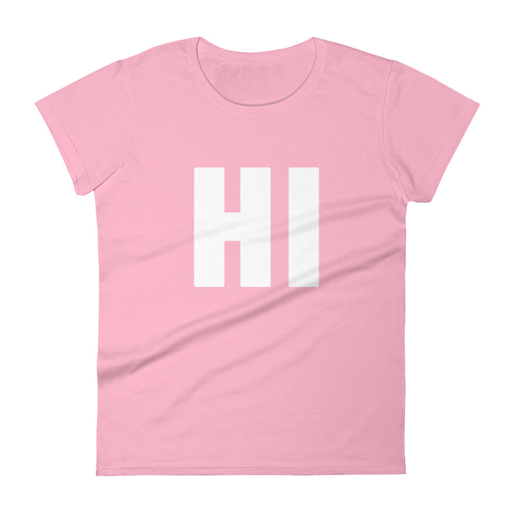 the word HI in white on a pink women's t-shirt