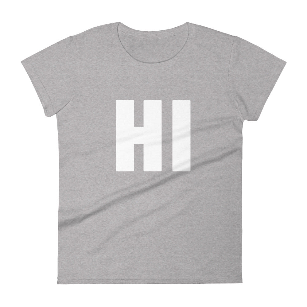 the word HI in white on a grey women's t-shirt