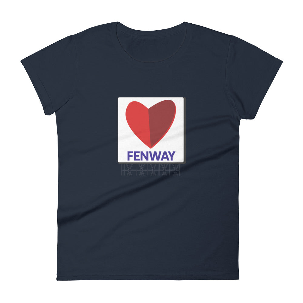 graphic on women's navy blue t-shirt of the citgo sign boston fenway as a heart