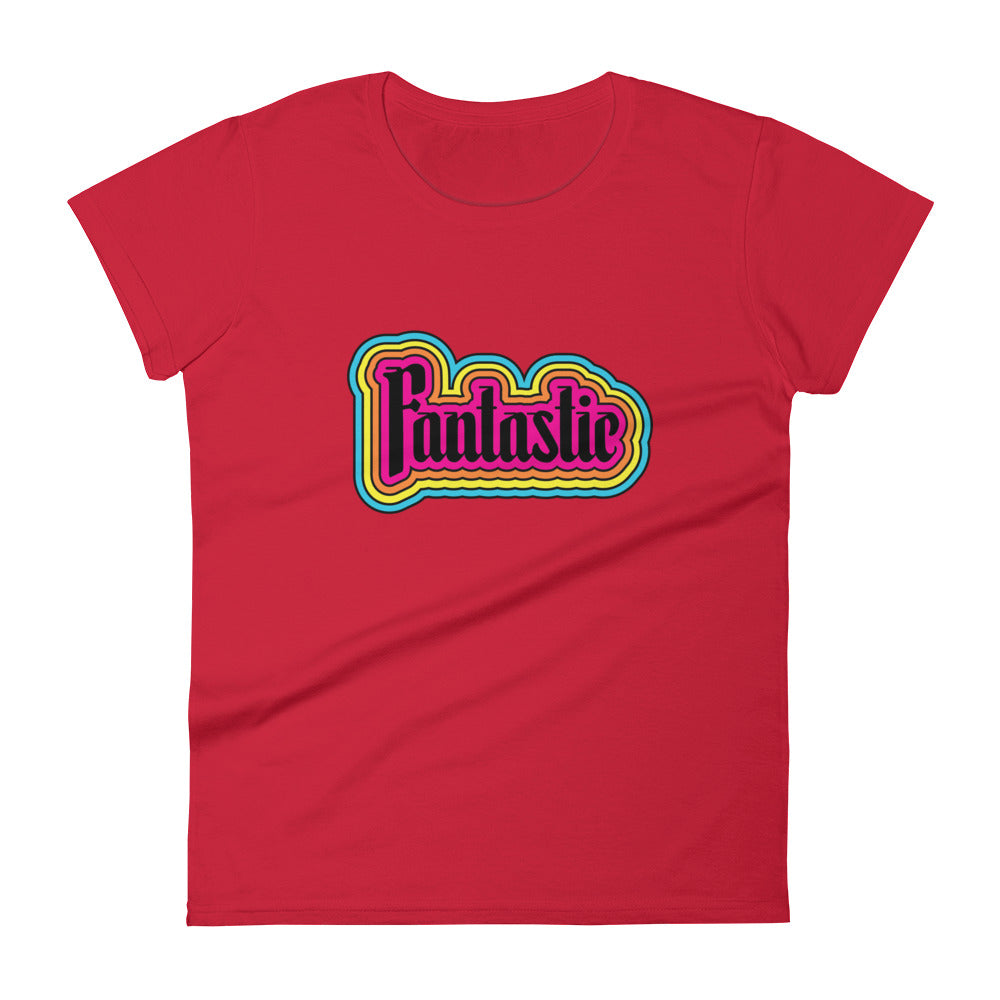 the word fantastic in a rainbow design positivity on red t-shirt