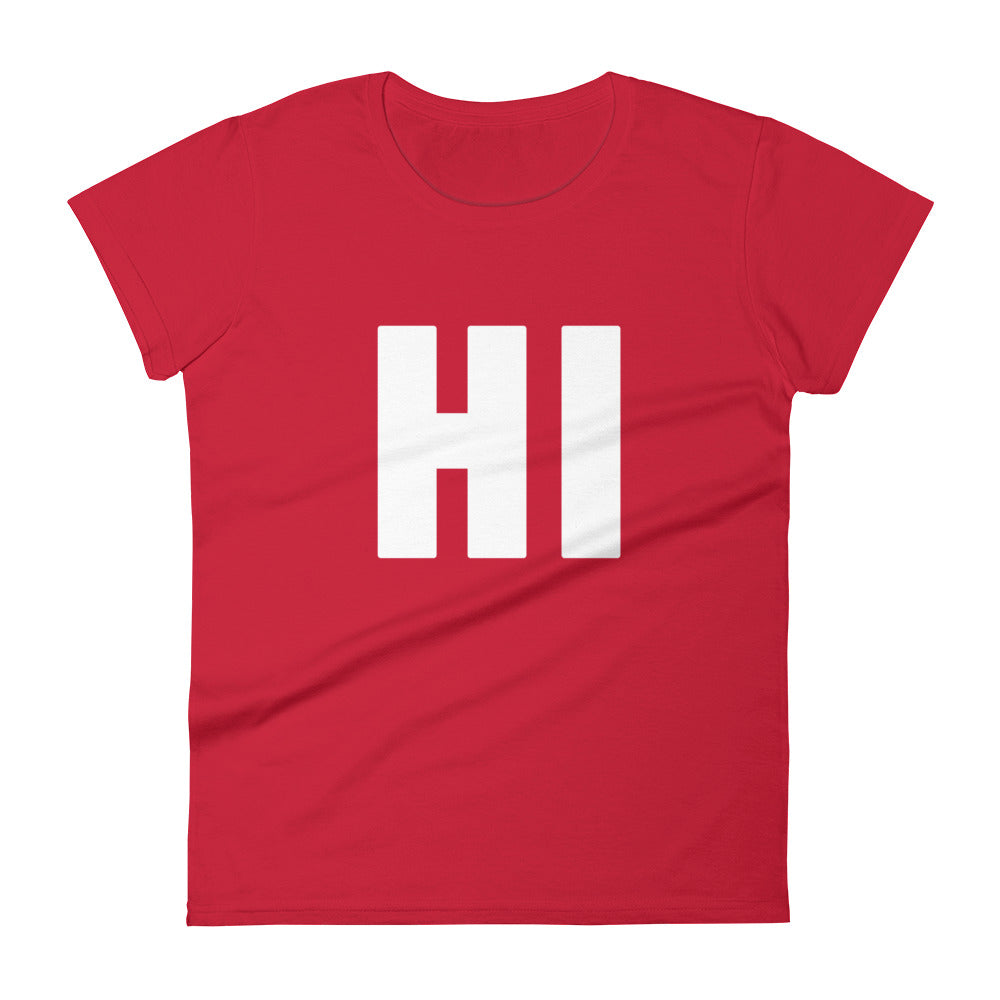 the word HI in white on a red women's t-shirt