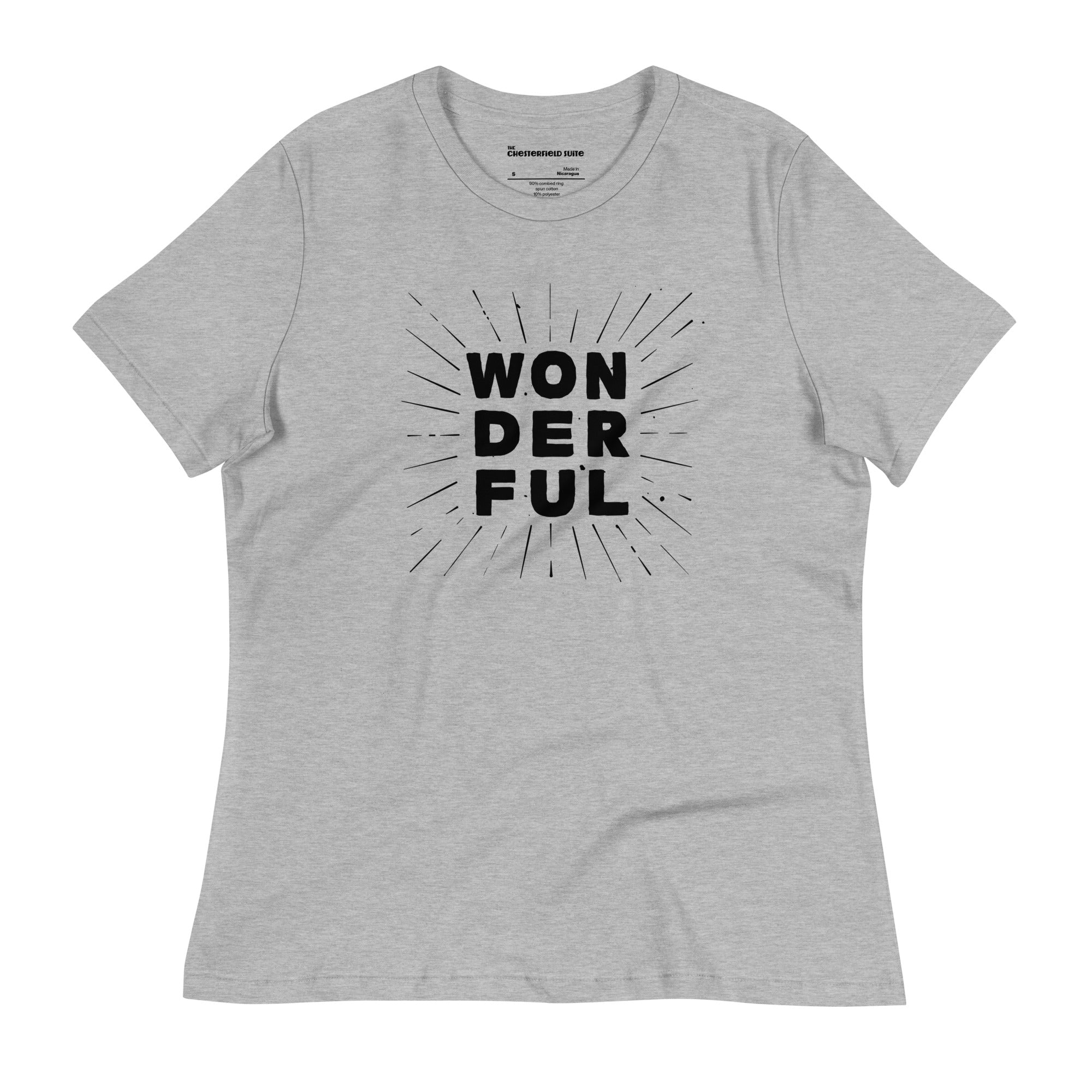the word wonderful in black text and a sunburst on a grey women's t-shirt