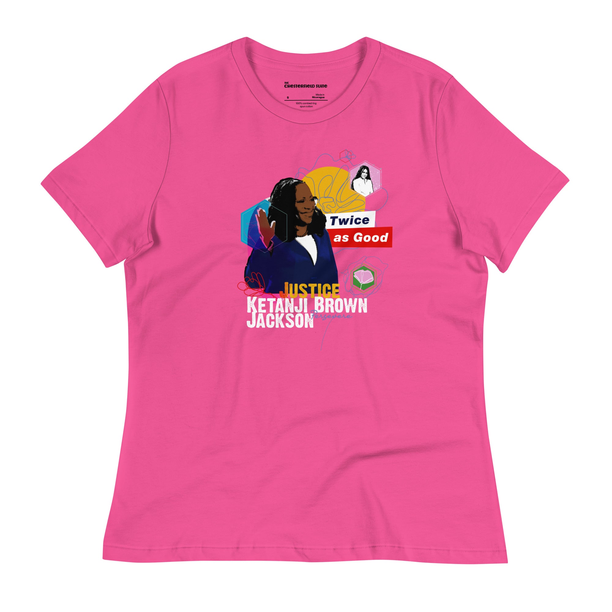 design with pink background of justice ketanji brown jackson, her daughter and the phrase "twice as good"