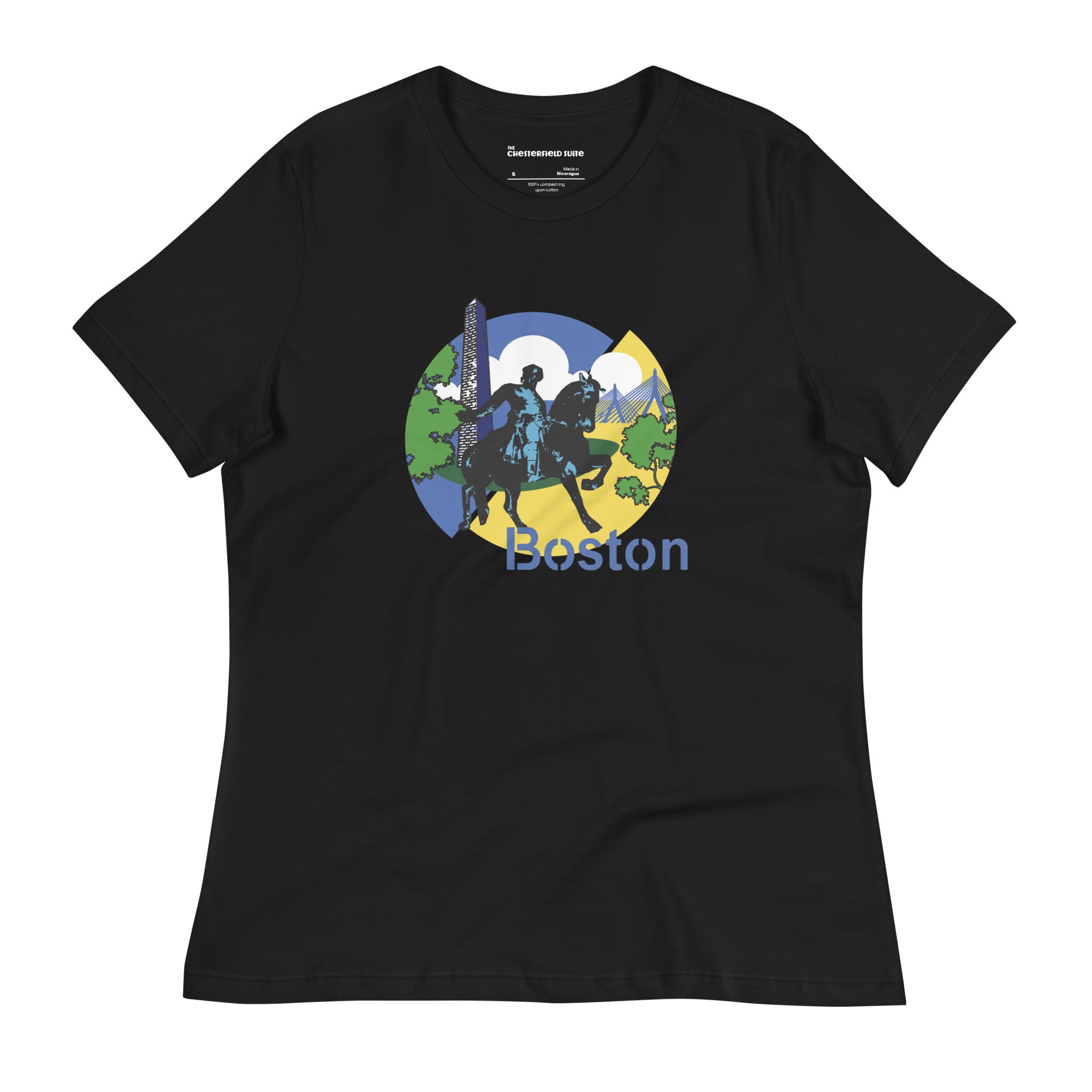 design with paul revere statue, bunker hill monument, zakim bridge boston on black women's t-shirt