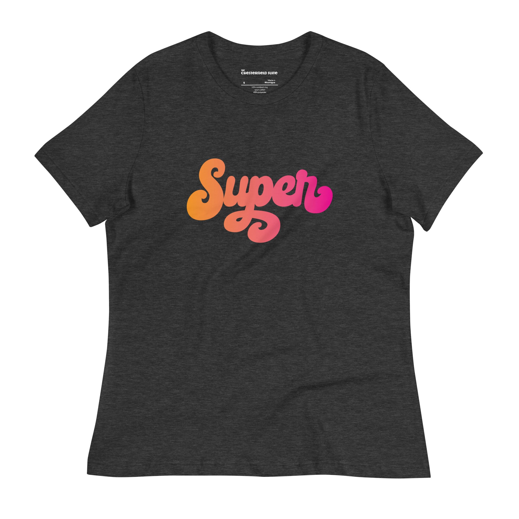 the word Super written in a pink blend cursive lettering on dark grey women's t-shirt