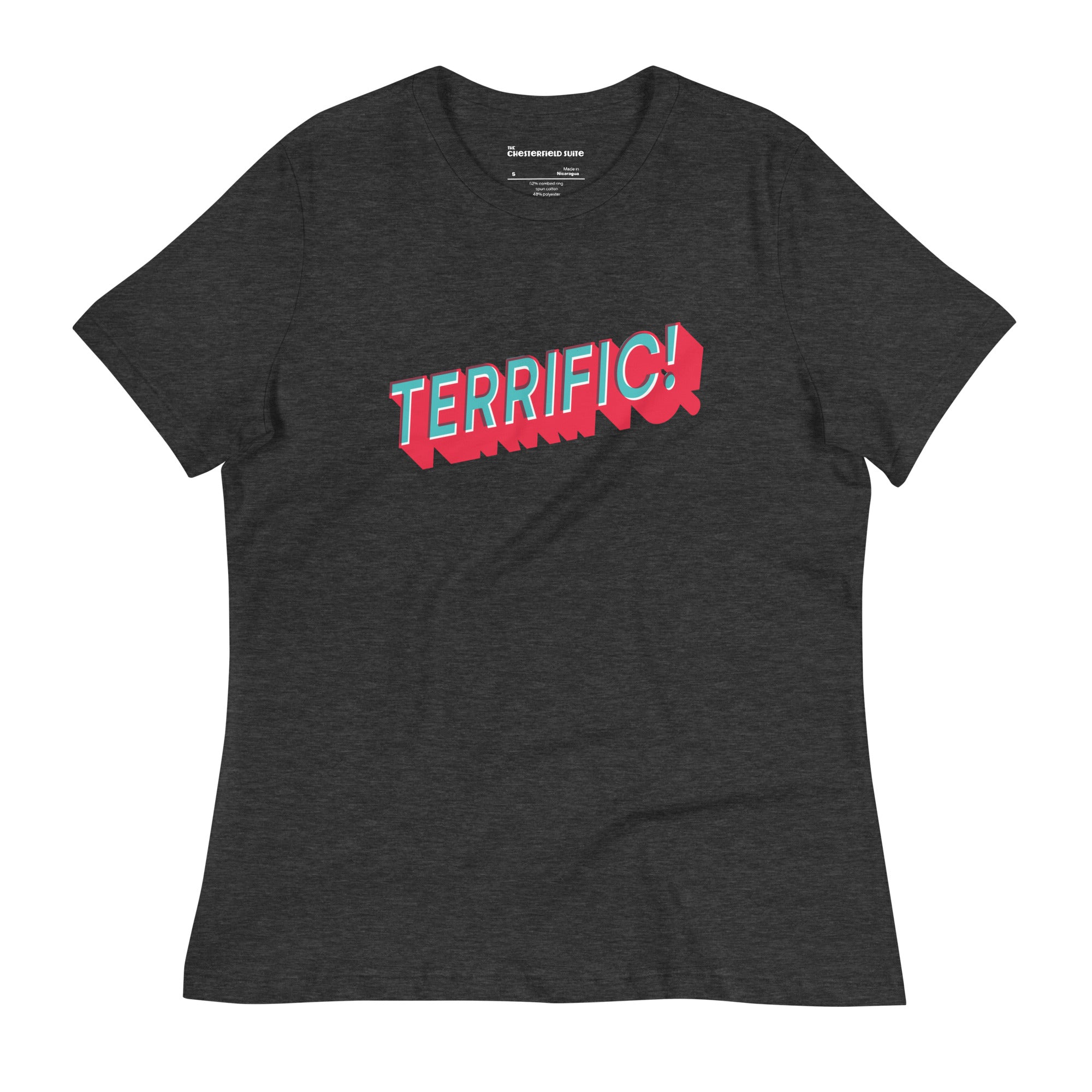 the word terrific in turquoise and red on a black women's t-shirt