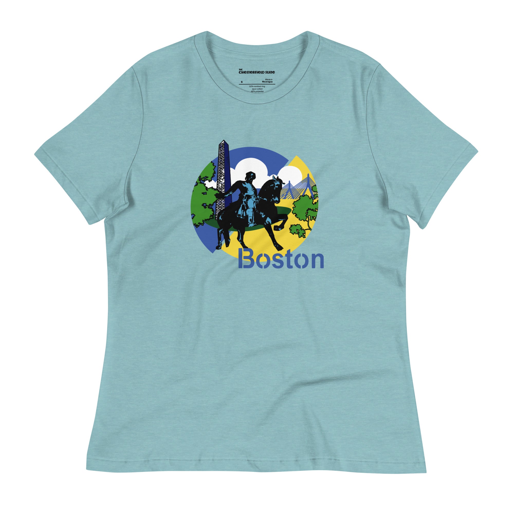 design with paul revere statue, bunker hill monument, zakim bridge boston on light blue women's t-shirt