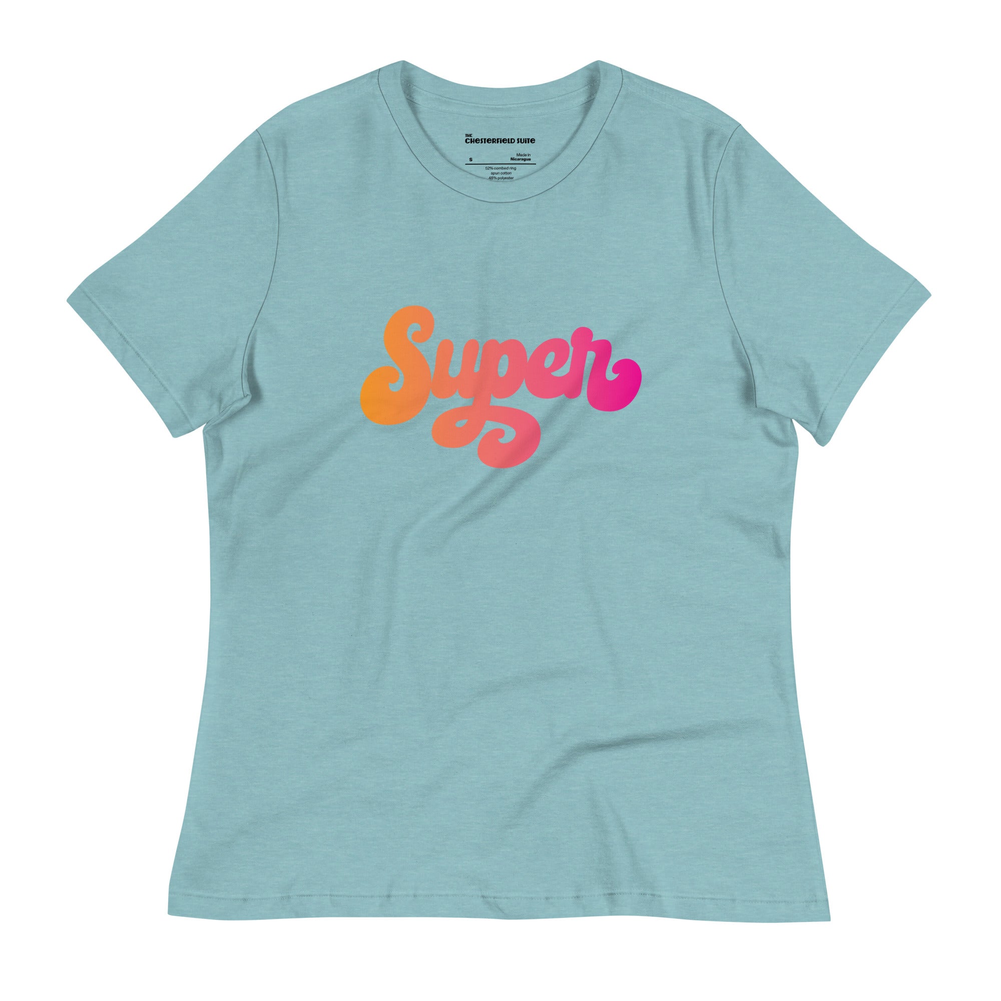 the word Super written in a pink blend cursive lettering on light blue women's t-shirt