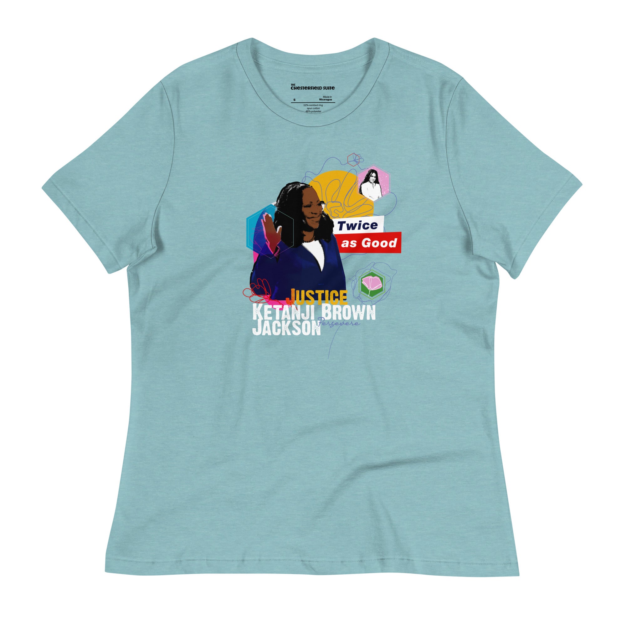 design with light blue t-shirt of justice ketanji brown jackson, her daughter and the phrase "twice as good"