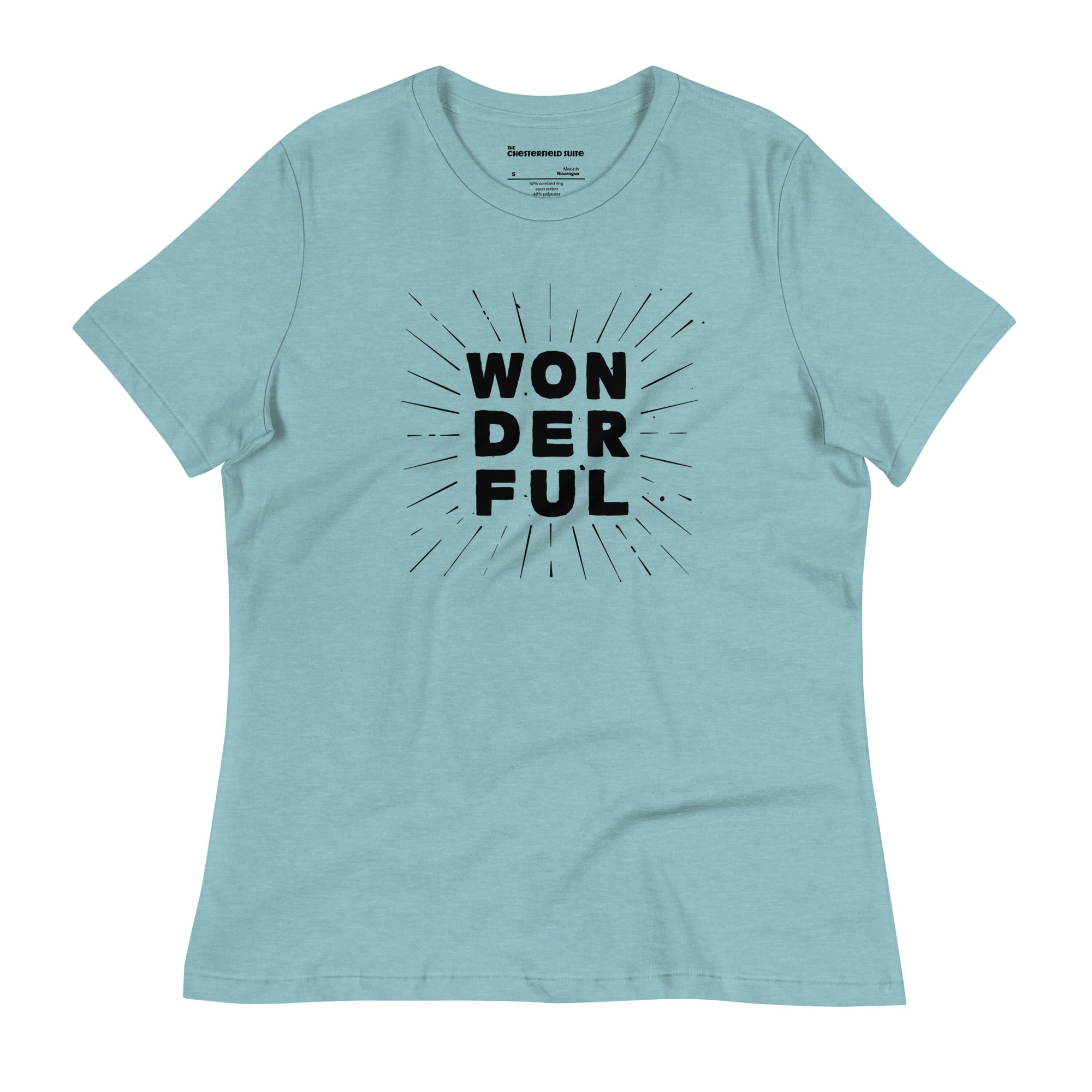 the word wonderful in black text and a sunburst on a light blue t-shirt