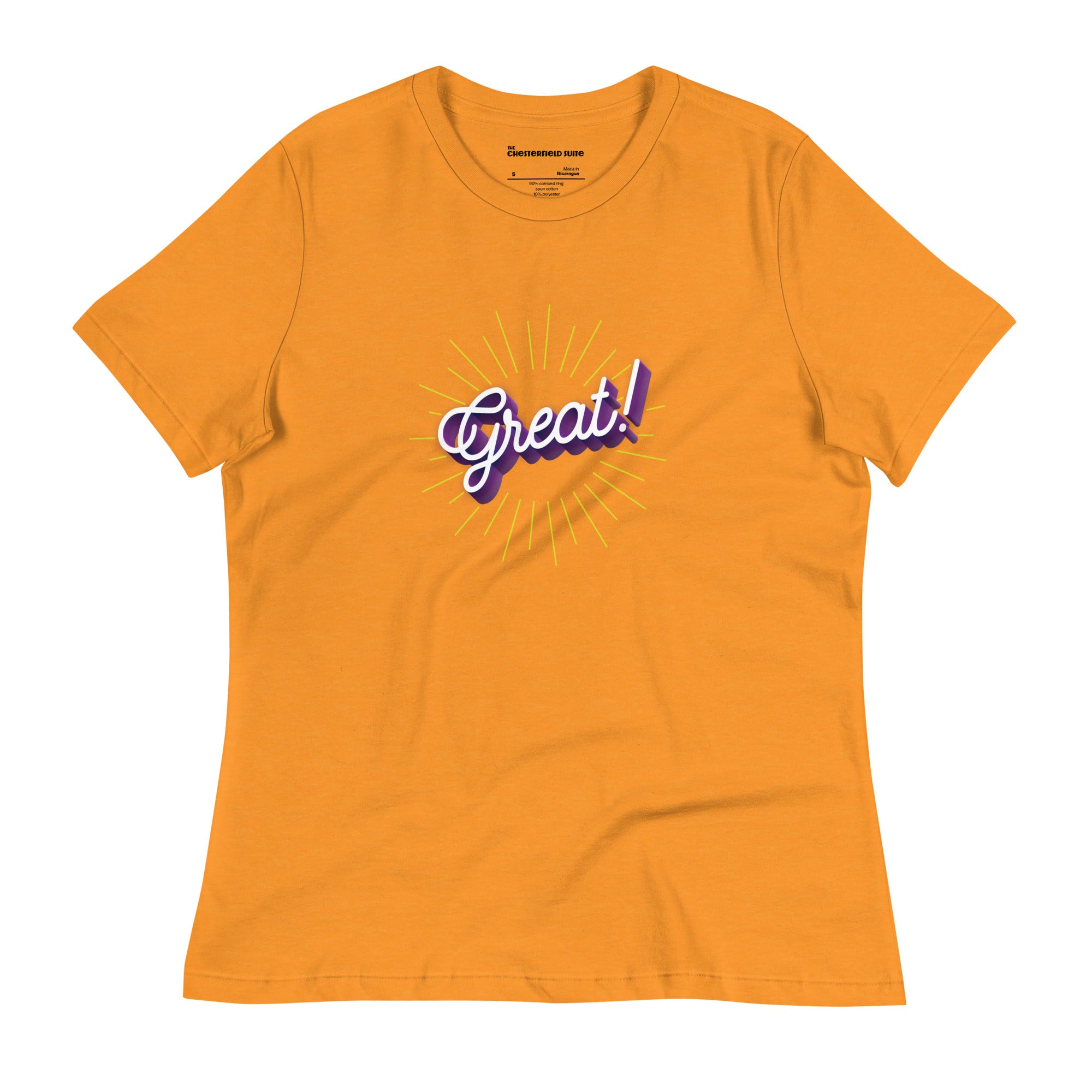 The word great! in cursive on orange women's t-shirt