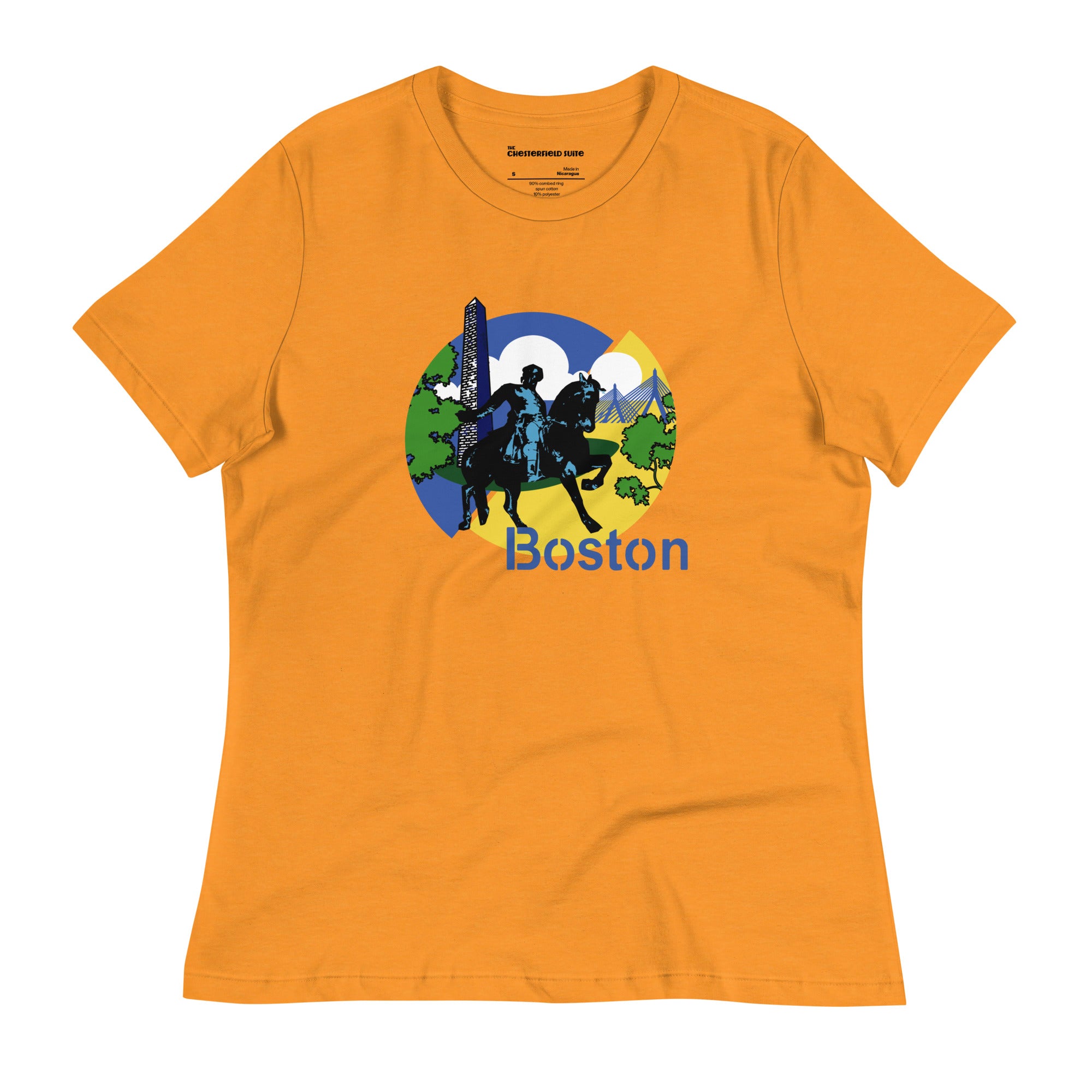 design with paul revere statue, bunker hill monument, zakim bridge boston on orange women's t-shirt