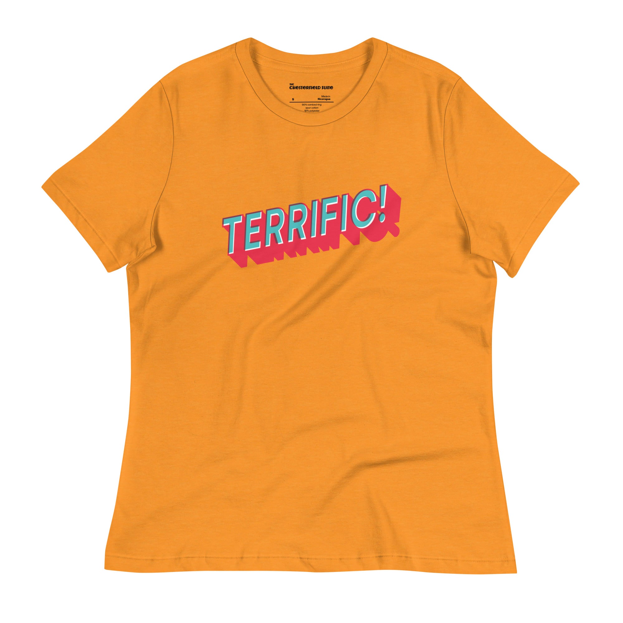 the word terrific in turquoise and red on an orange women's t-shirt
