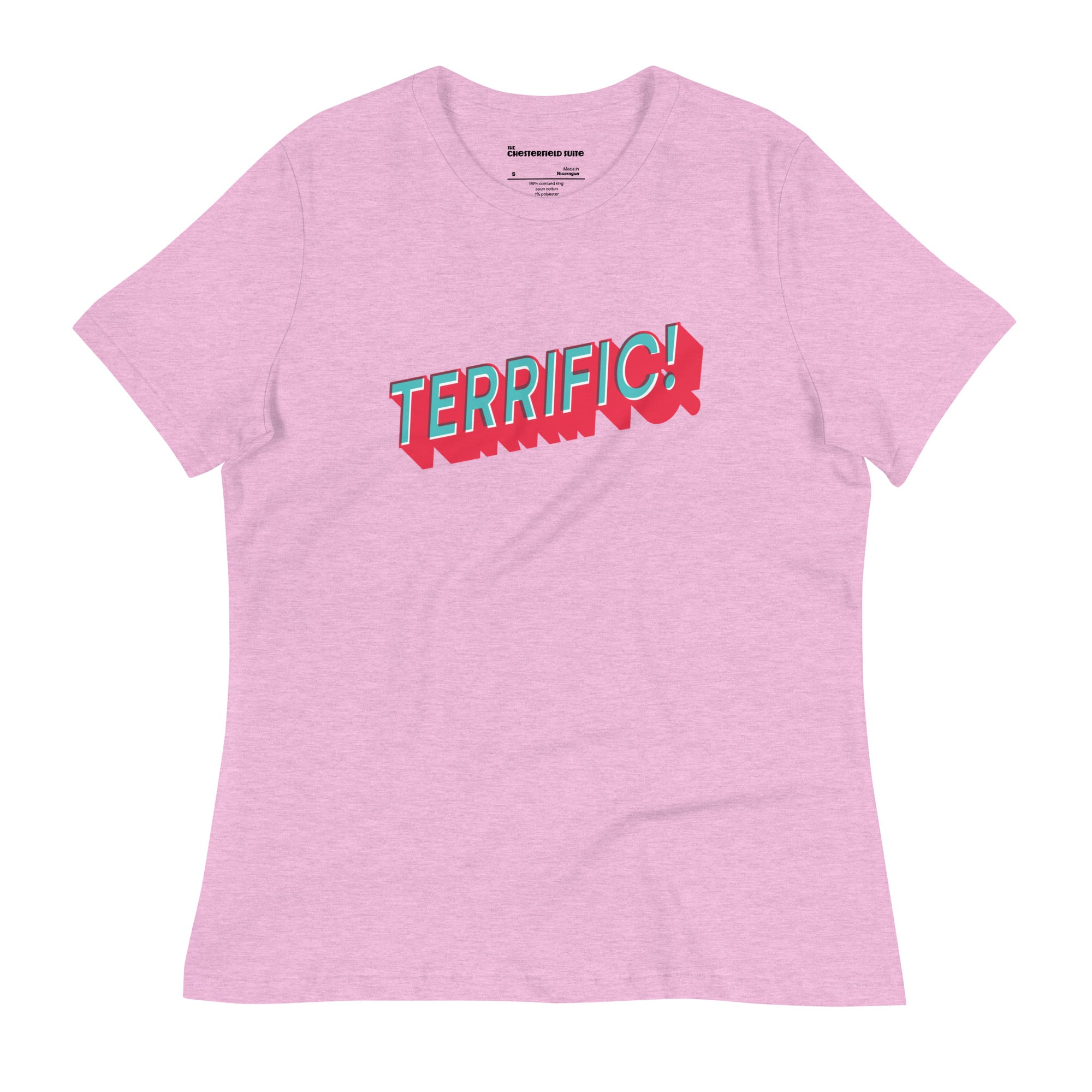 the word terrific in turquoise and red on a pink women's t-shirt