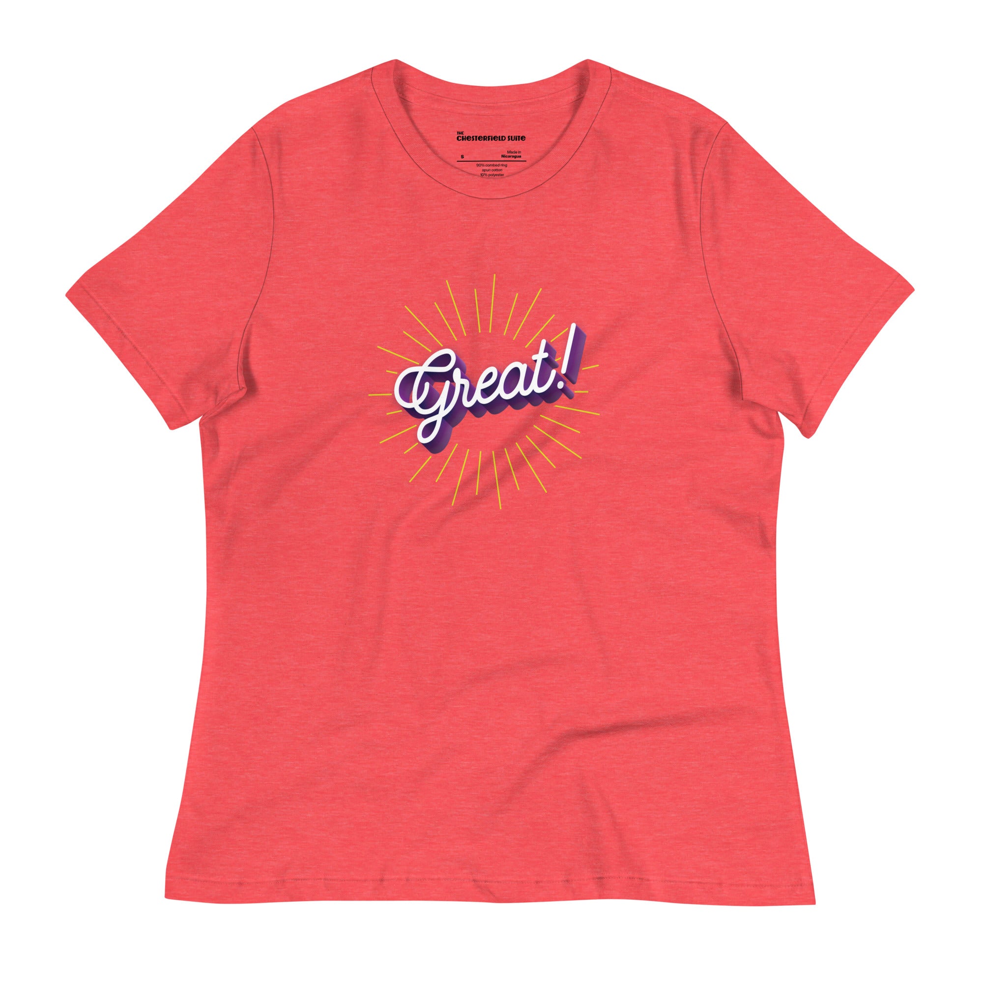 The word great! in cursive on red women's t-shirt
