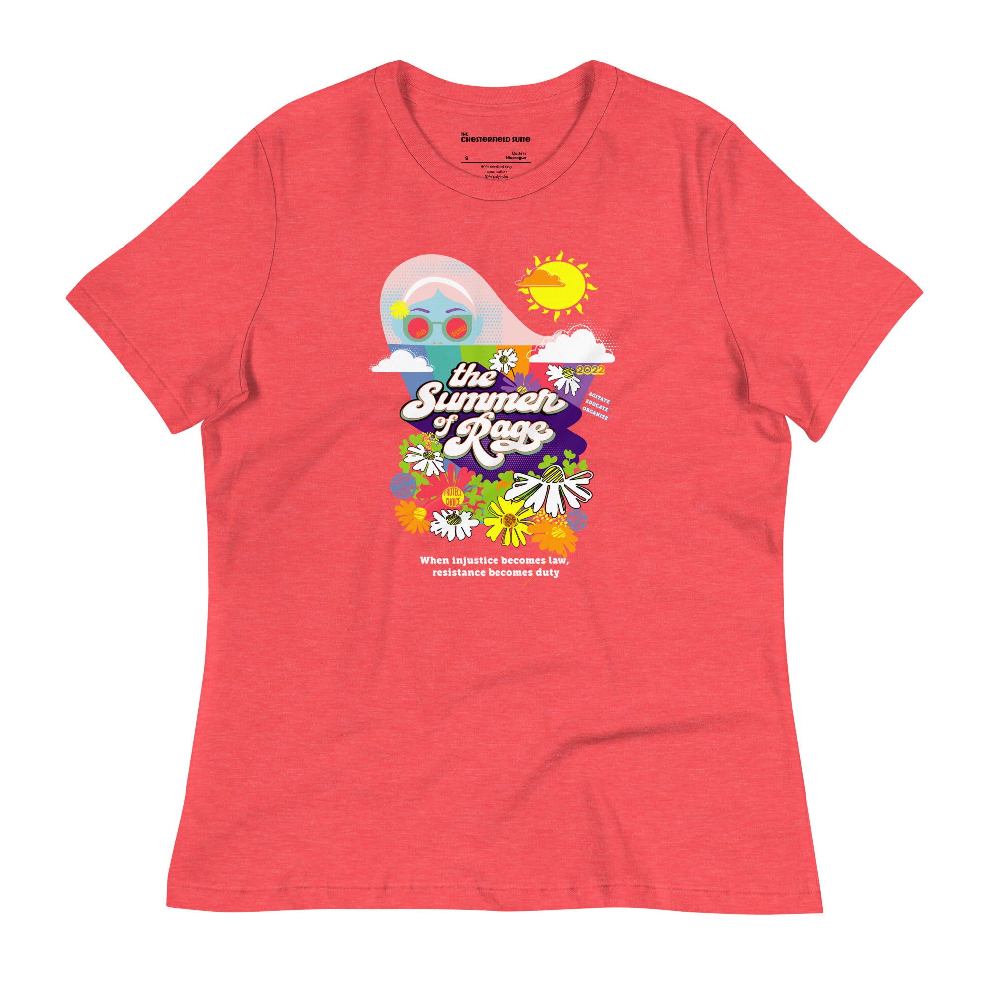 Red background t-shirt design with abortion rights saying, the summer of rage with flowers and sunshine roe v wade supreme court