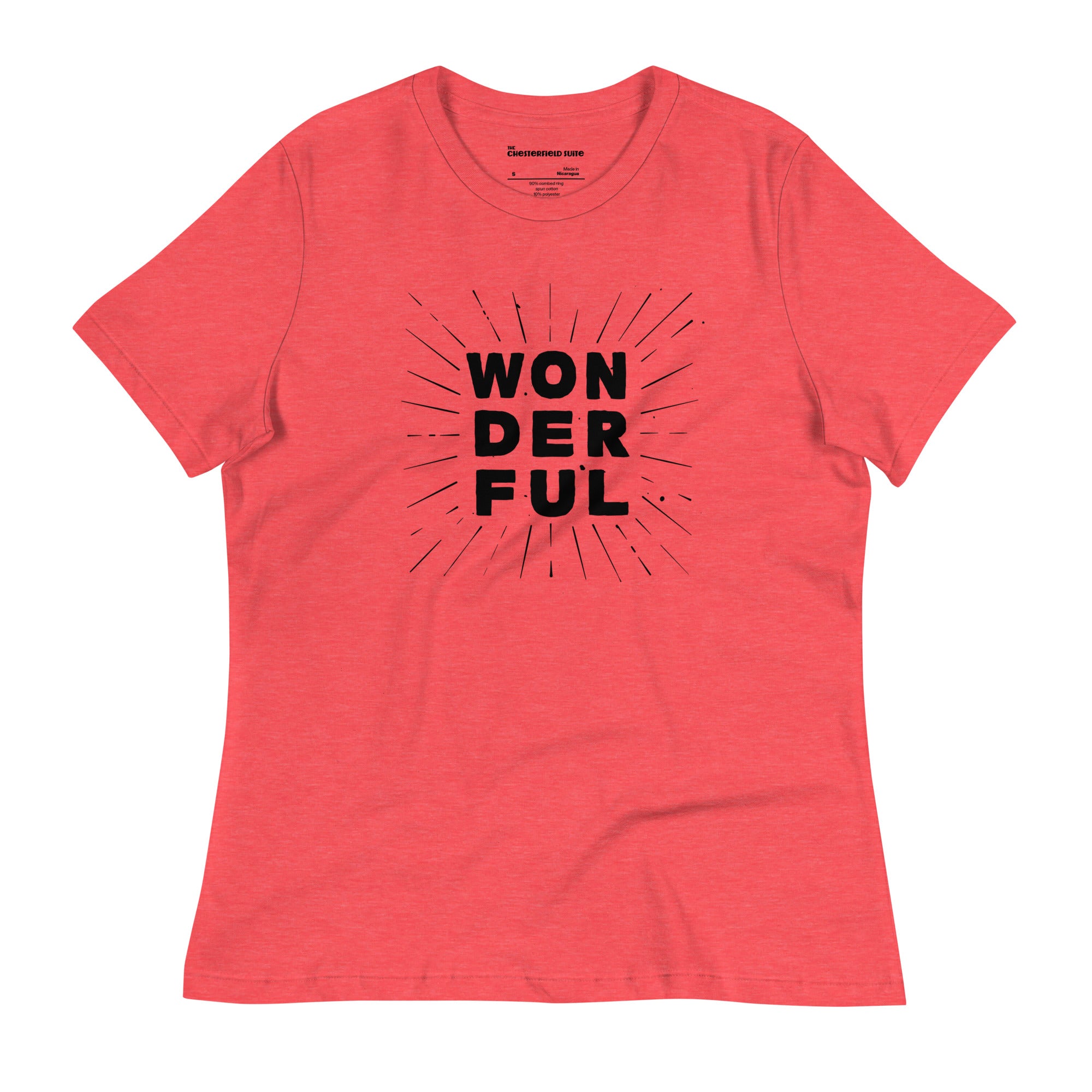 the word wonderful in black text and a sunburst on a red womens t-shirt