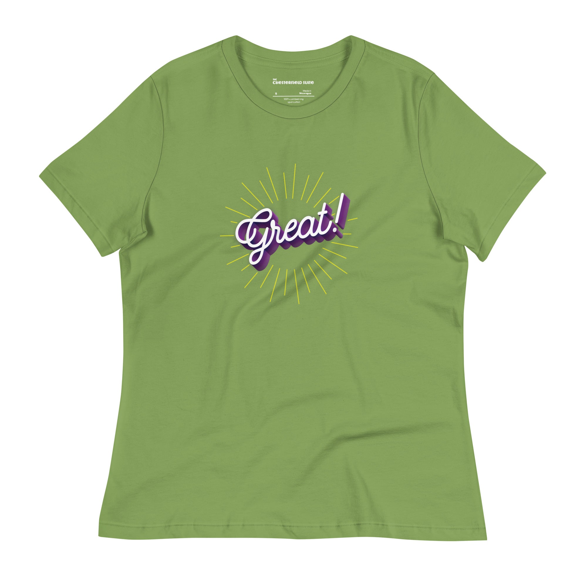 The word great! in cursive on green women's t-shirt