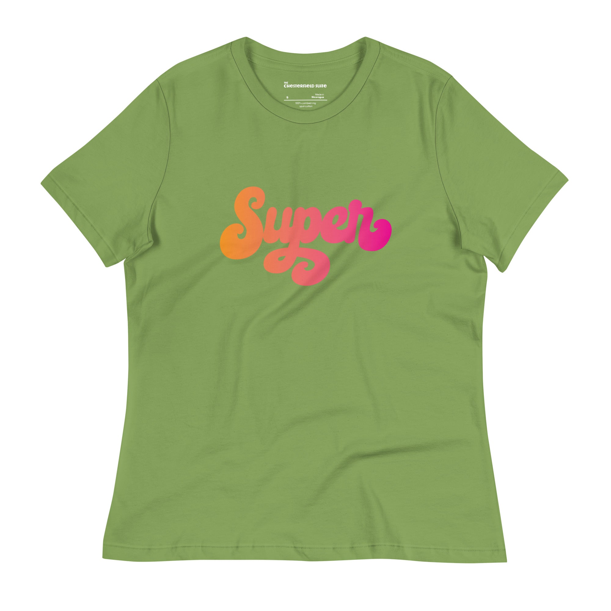 the word Super written in a pink blend cursive lettering on light green women's t-shirt