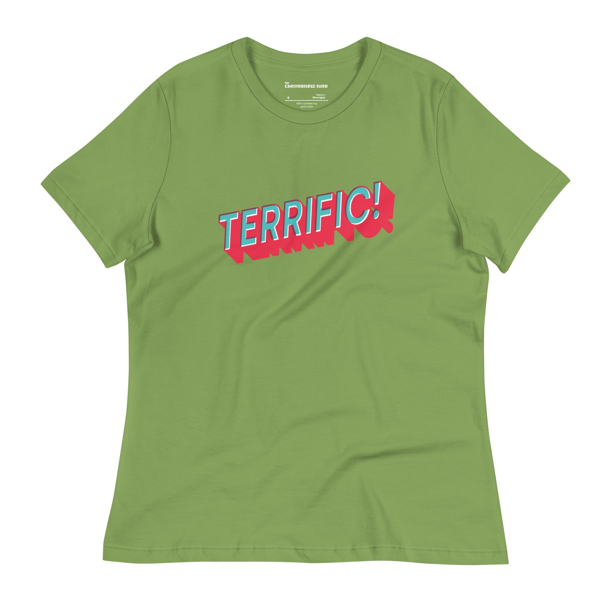 the word terrific in turquoise and red on a green women's t-shirt