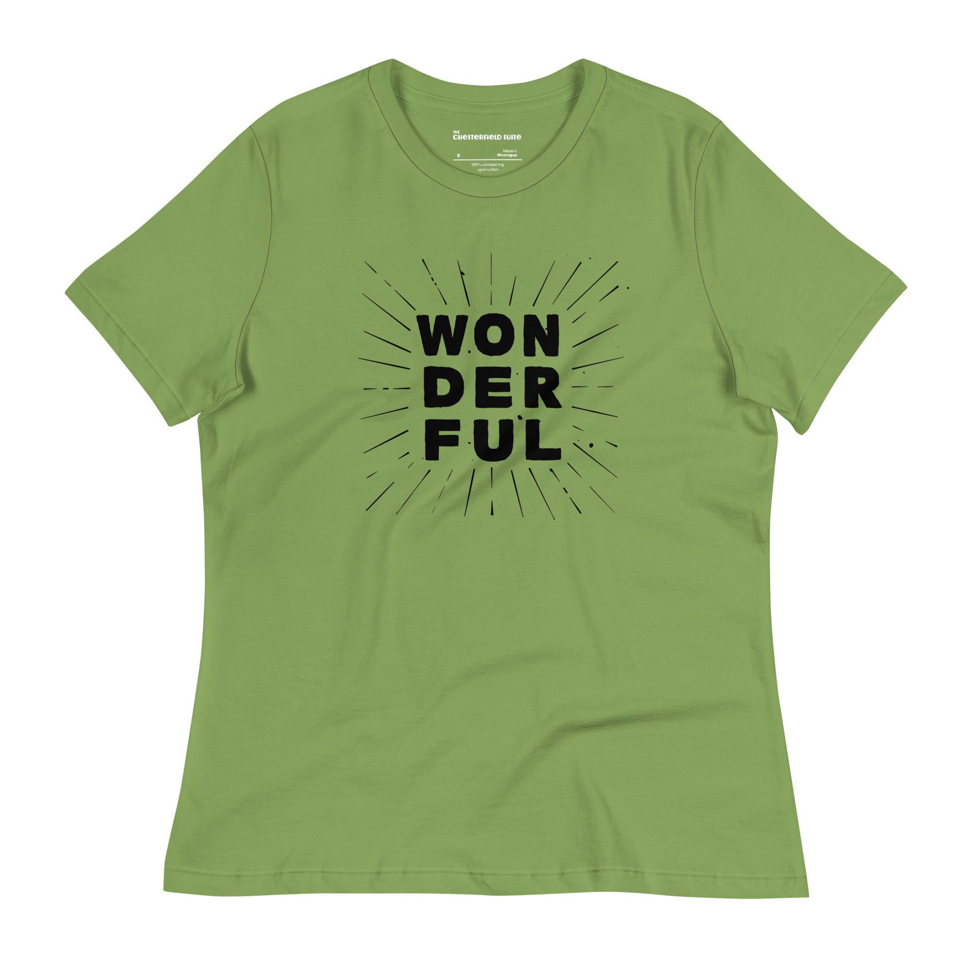 the word wonderful in black text and a sunburst on a green t-shirt