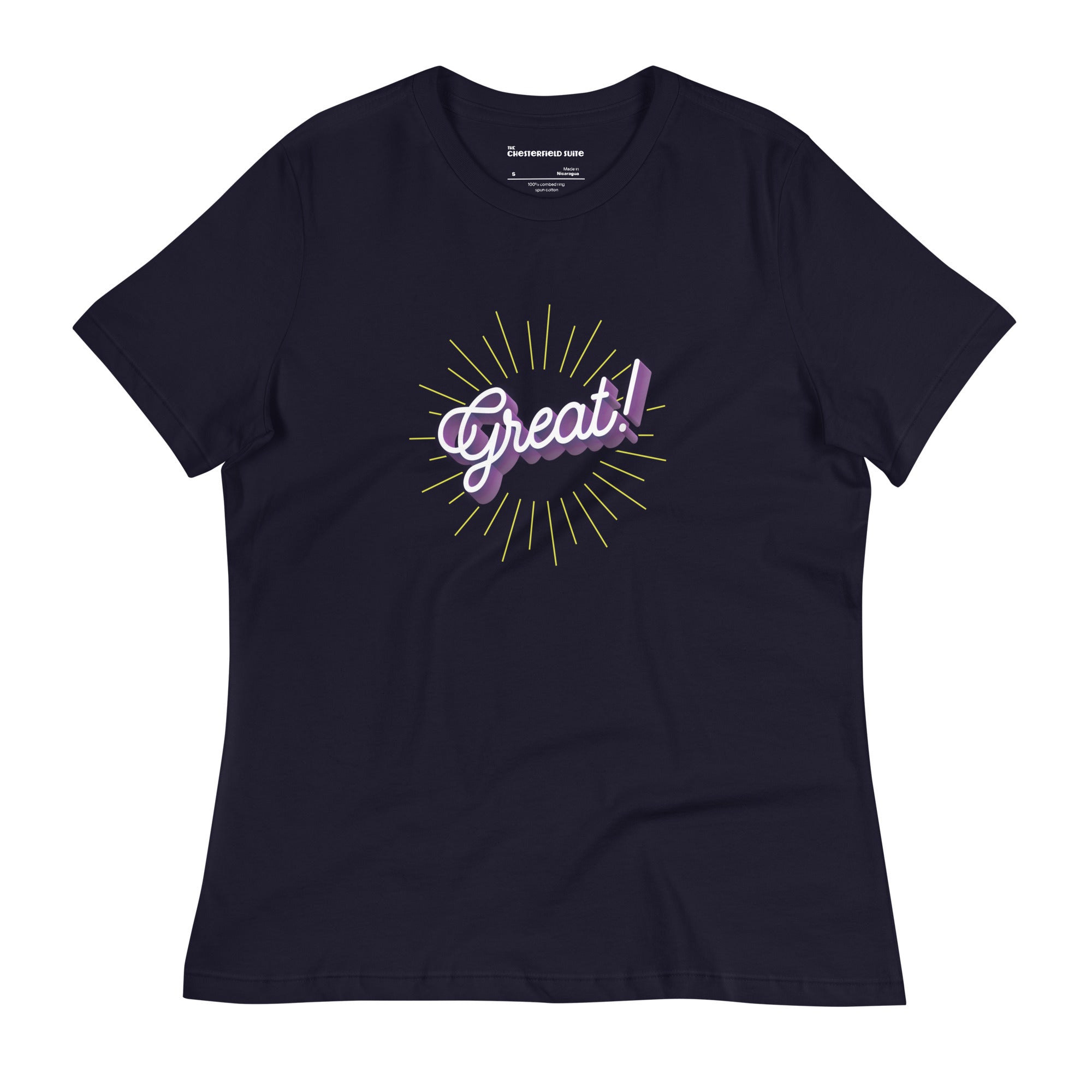 The word great! in cursive on navy blue women's t-shirt