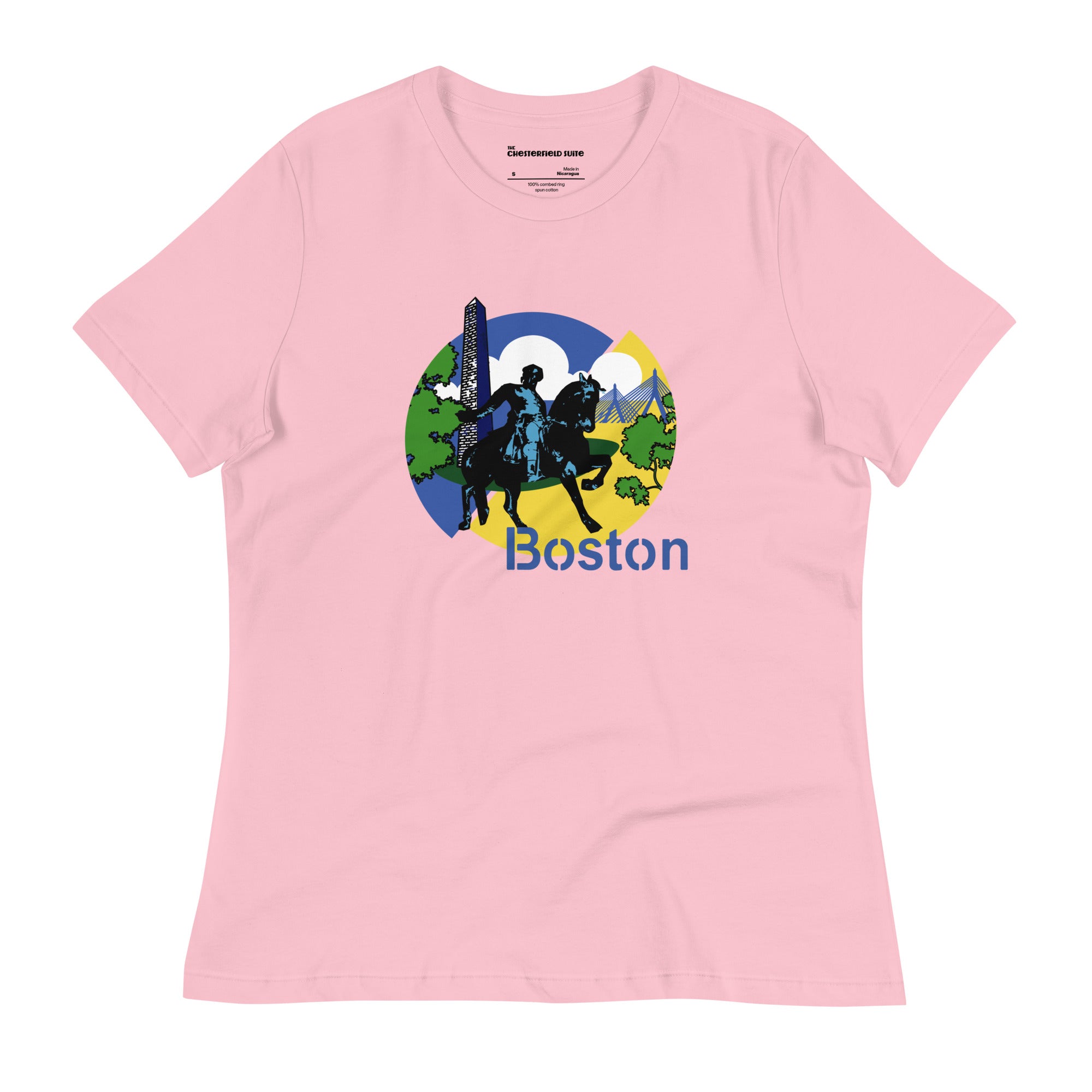 design with paul revere statue, bunker hill monument, zakim bridge boston on pink women's t-shirt