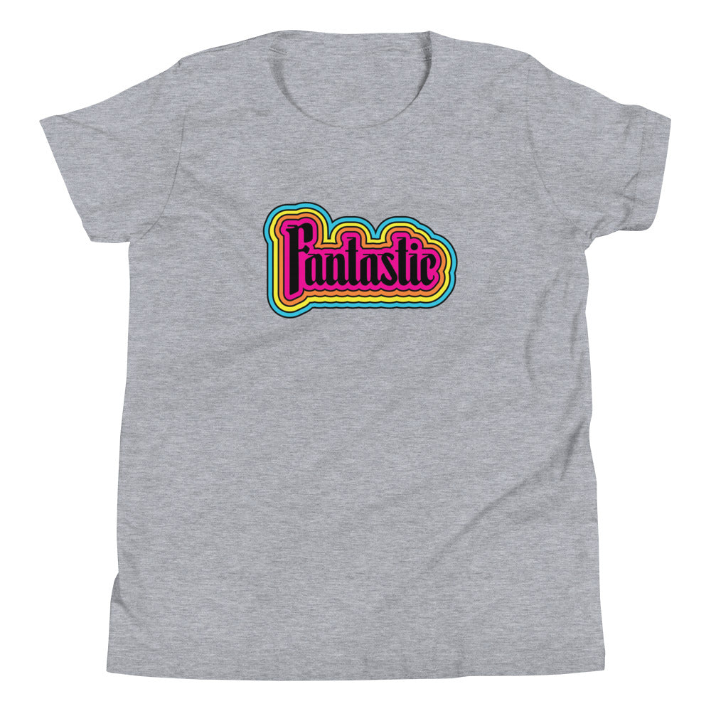 grey youth tshirt with the word fantastic with rainbow design around it