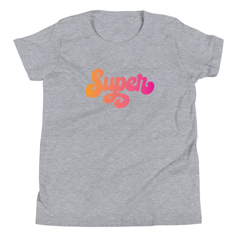 the word Super written in a pink blend cursive lettering on grey youth tshirt
