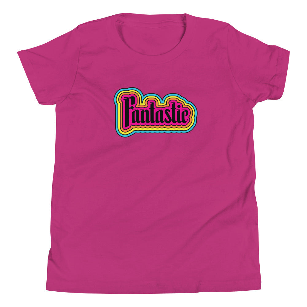 pink youth tshirt with the word fantastic with rainbow design around it