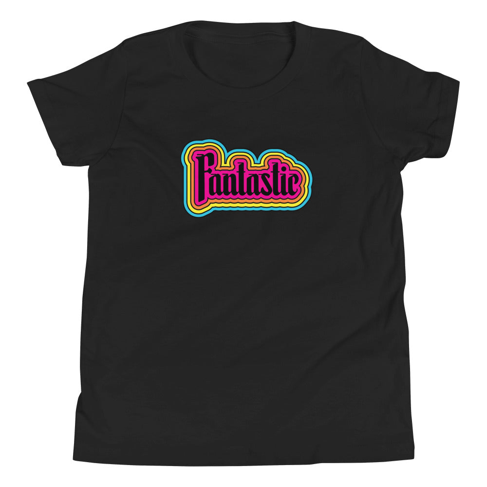 black youth tshirt with the word fantastic with rainbow design around it