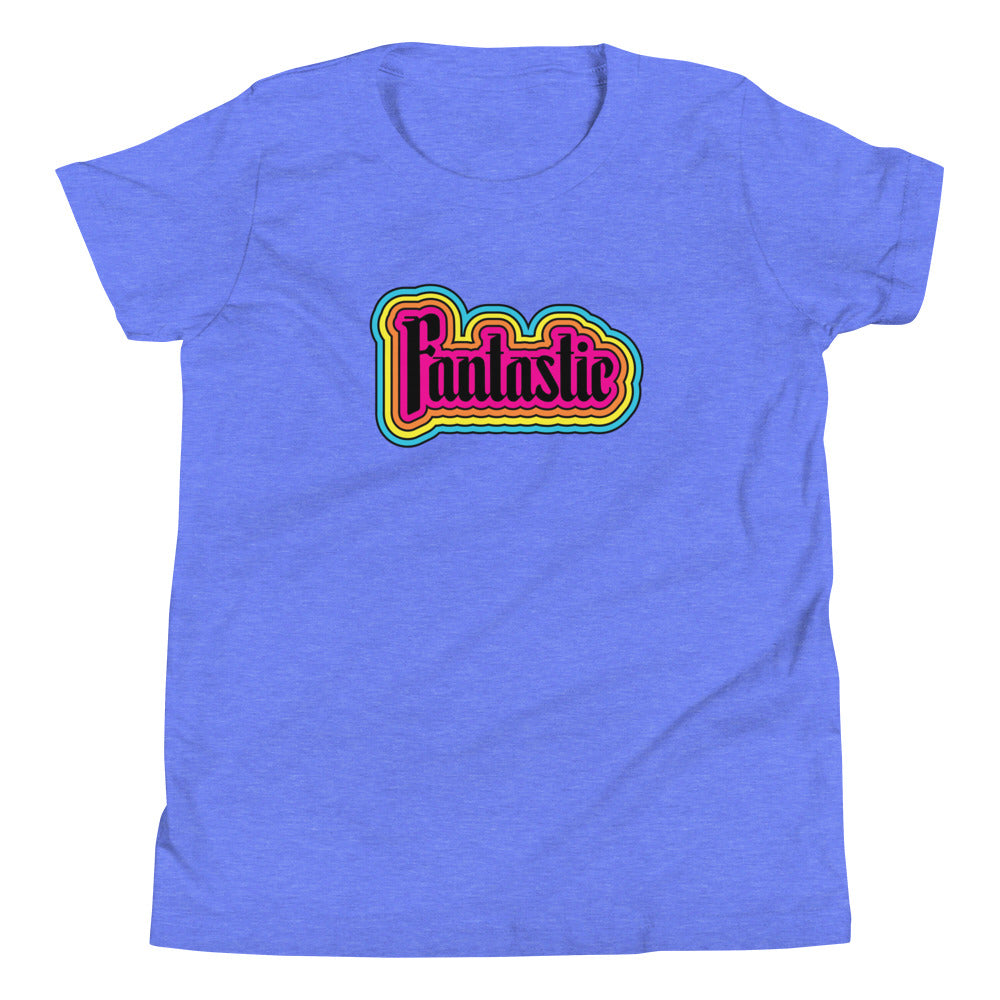 blue youth tshirt with the word fantastic with rainbow design around it
