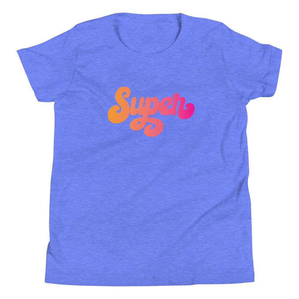 the word Super written in a pink blend cursive lettering on blue youth tshirt