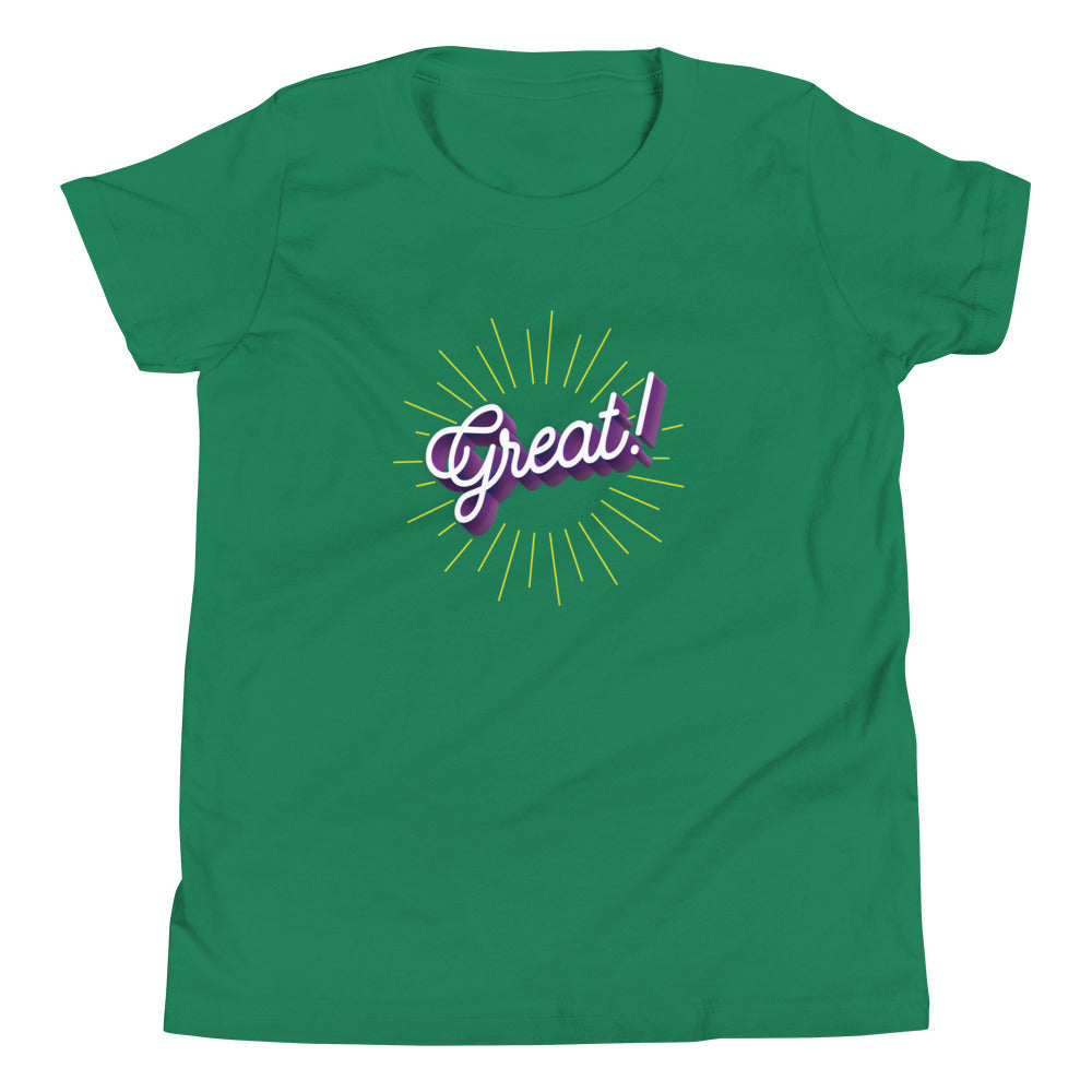 The word great! in cursive on green youth tshirt