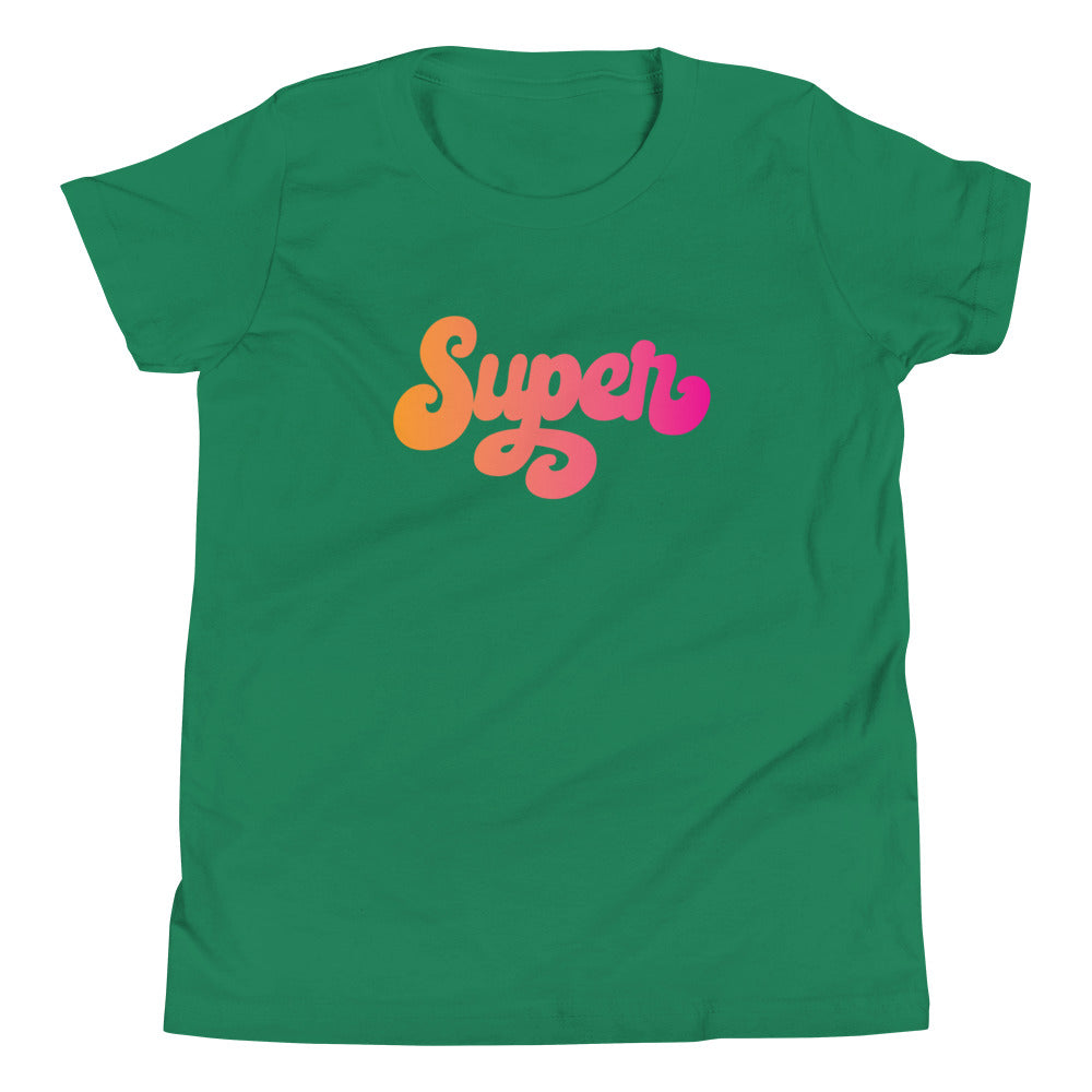 the word Super written in a pink blend cursive lettering on green youth tshirt