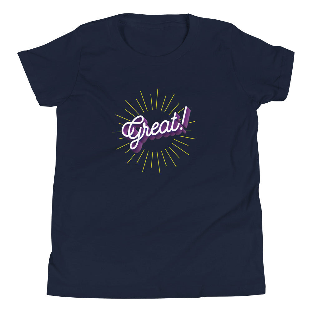 The word great! in cursive on navy youth tshirt