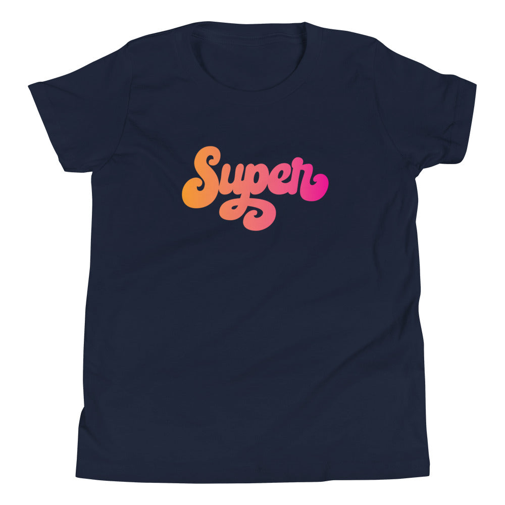 the word Super written in a pink blend cursive lettering on navy youth tshirt