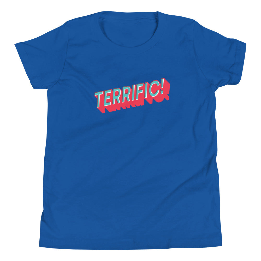 Terrific! written in turquoise block lettering with red shadow on blue youth tshirt