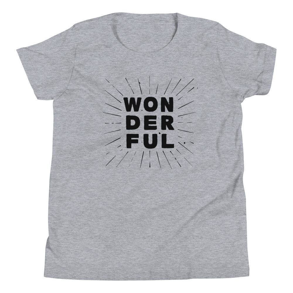 the word wonderful stacked on itself in black writing on light grey youth tshirt