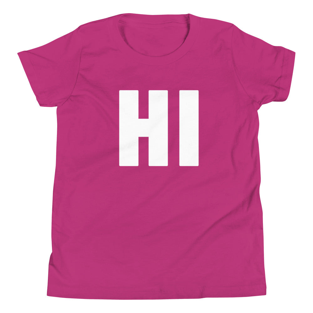 the word HI on pink youth tshirt