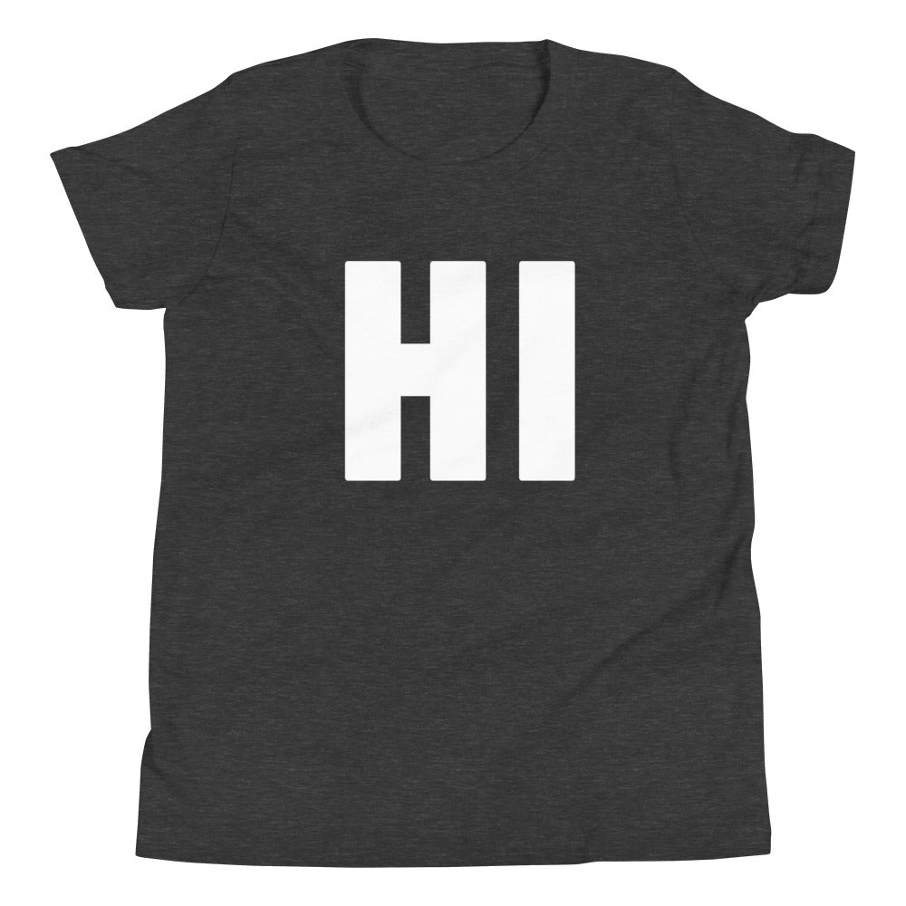 the word HI on black youth tshirt