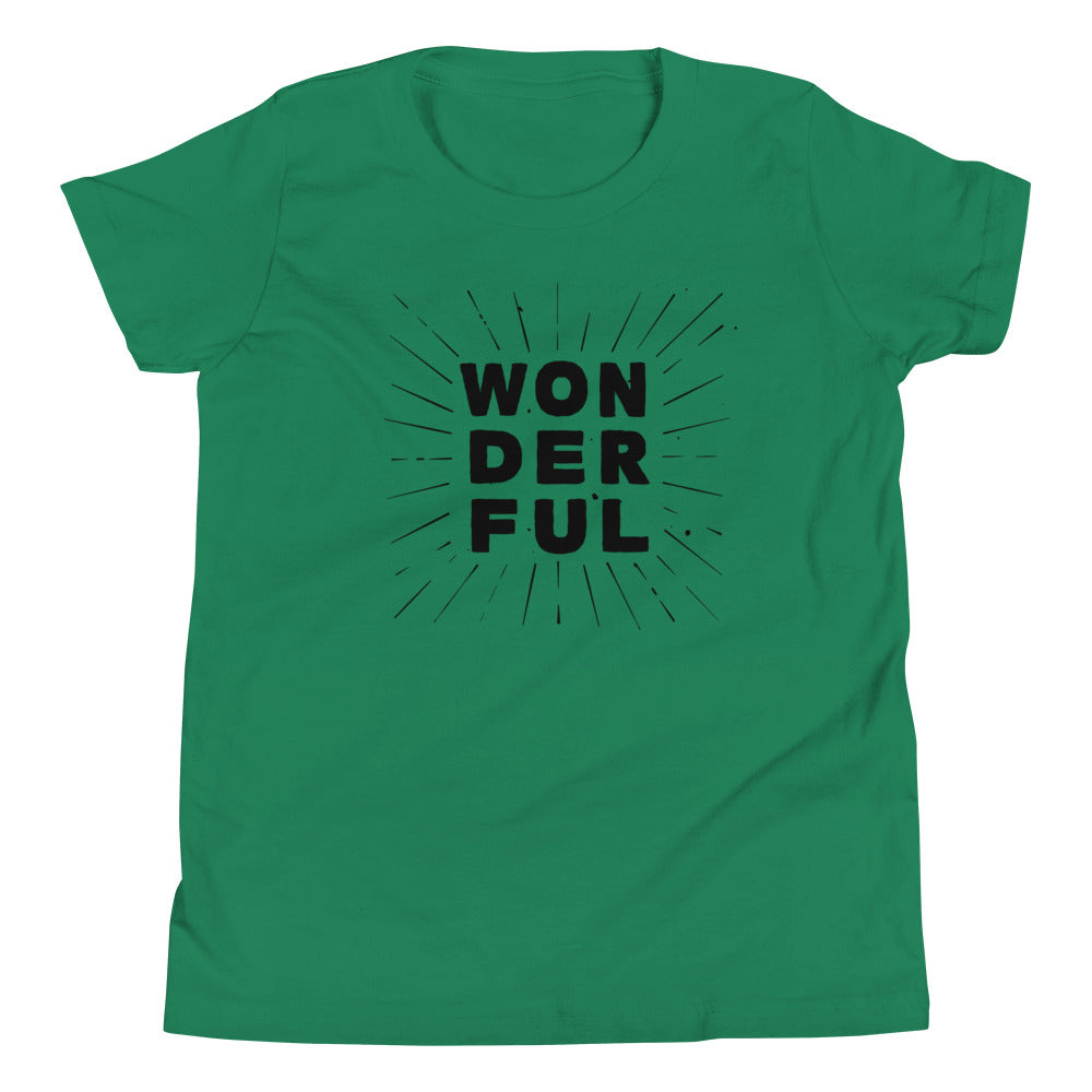 the word wonderful stacked on itself in black writing on green youth tshirt